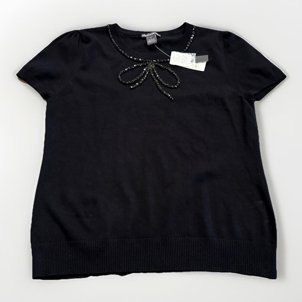 Chelsea & Theodore Womens Black Bow Tie Fixture Short Sleeve Shirt L NWT $68